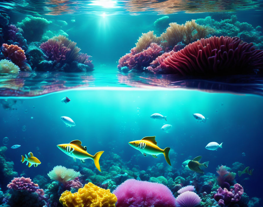 Colorful Coral Reef and Tropical Fish in Vibrant Underwater Scene