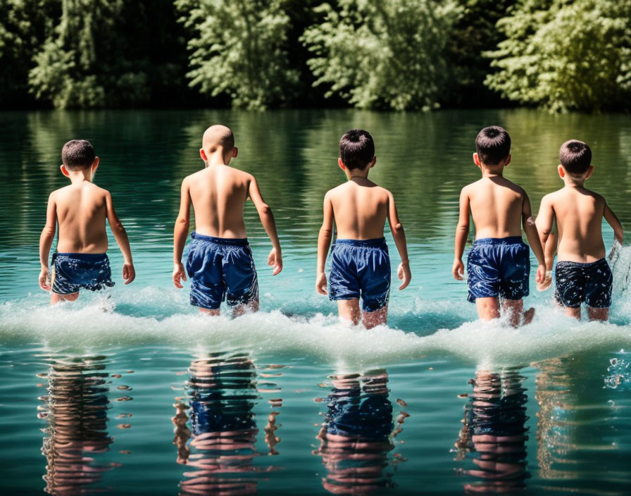 Group of boys in matching swim trunks wading into greenish lake