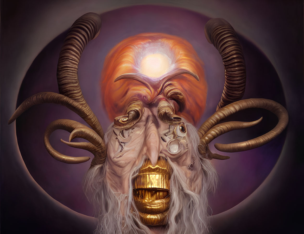 Surreal illustration of creature with ram-like horns and golden teeth