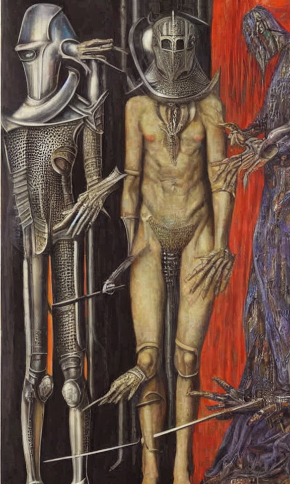 Surrealist painting with nude figure, knights, and cloaked figure