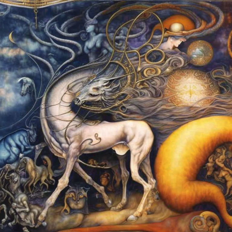 Surreal painting featuring centaur, globe holder, swirling clouds, ethereal figures in gold and