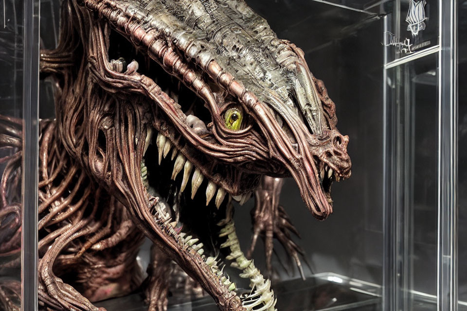 Detailed menacing creature figure with sharp teeth, reptilian skin, and yellow eyes in display case