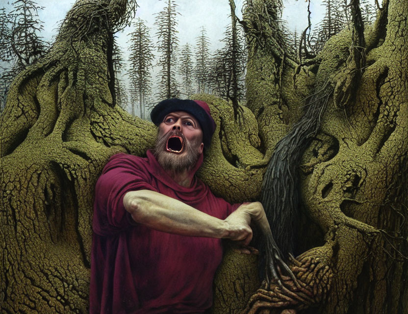 Bearded person in maroon shirt and beanie wrestling with tree roots in forest