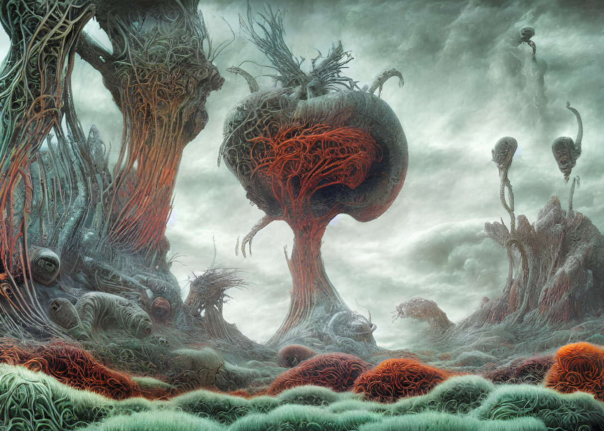 Surreal landscape with twisted tree-like structures and organic shapes under a gloomy sky