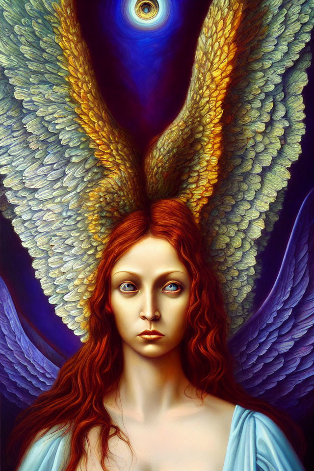 Red-haired woman with golden eyes and peacock feather halo on blue background