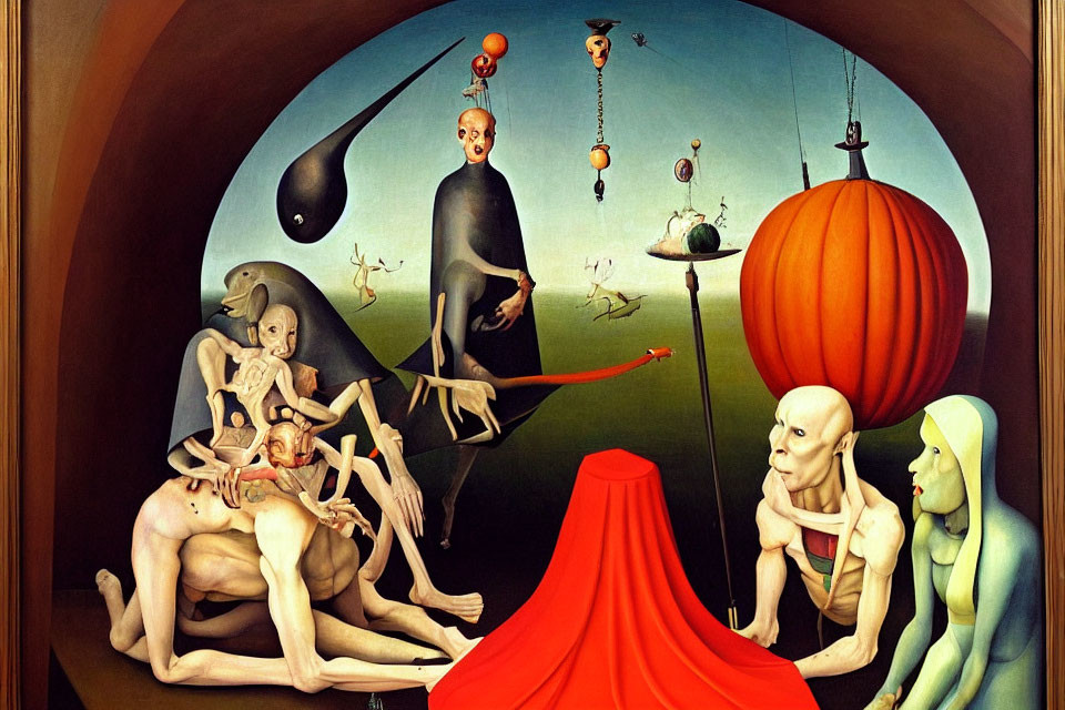 Surreal painting: distorted human figures, levitating sphere, floating objects, desert backdrop