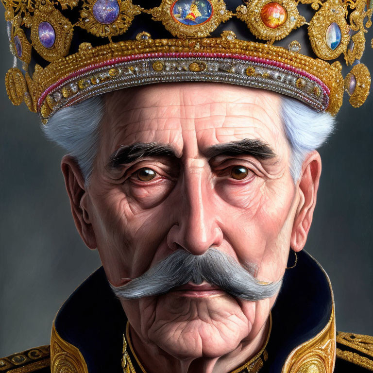 Detailed painting of elderly man with white mustache wearing ornate jeweled crown