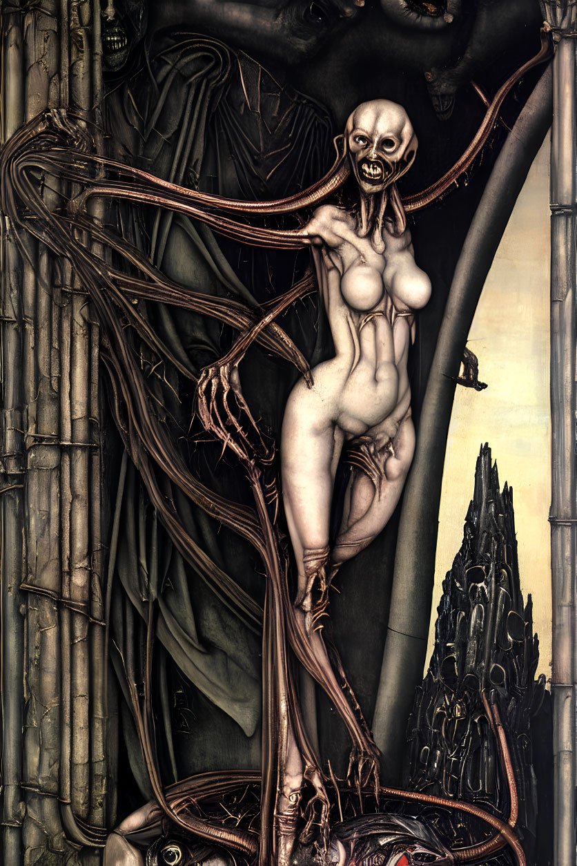 Surreal dark artwork: skeletal figure, extended limbs, gothic architecture, ominous figures