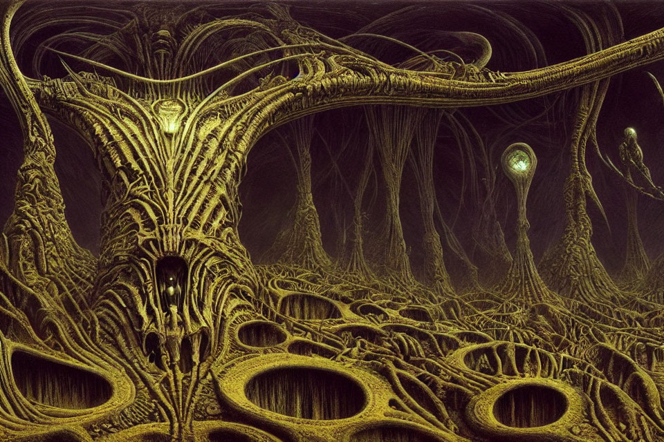 Intricate surreal landscape with alien-like structures in shades of yellow and brown