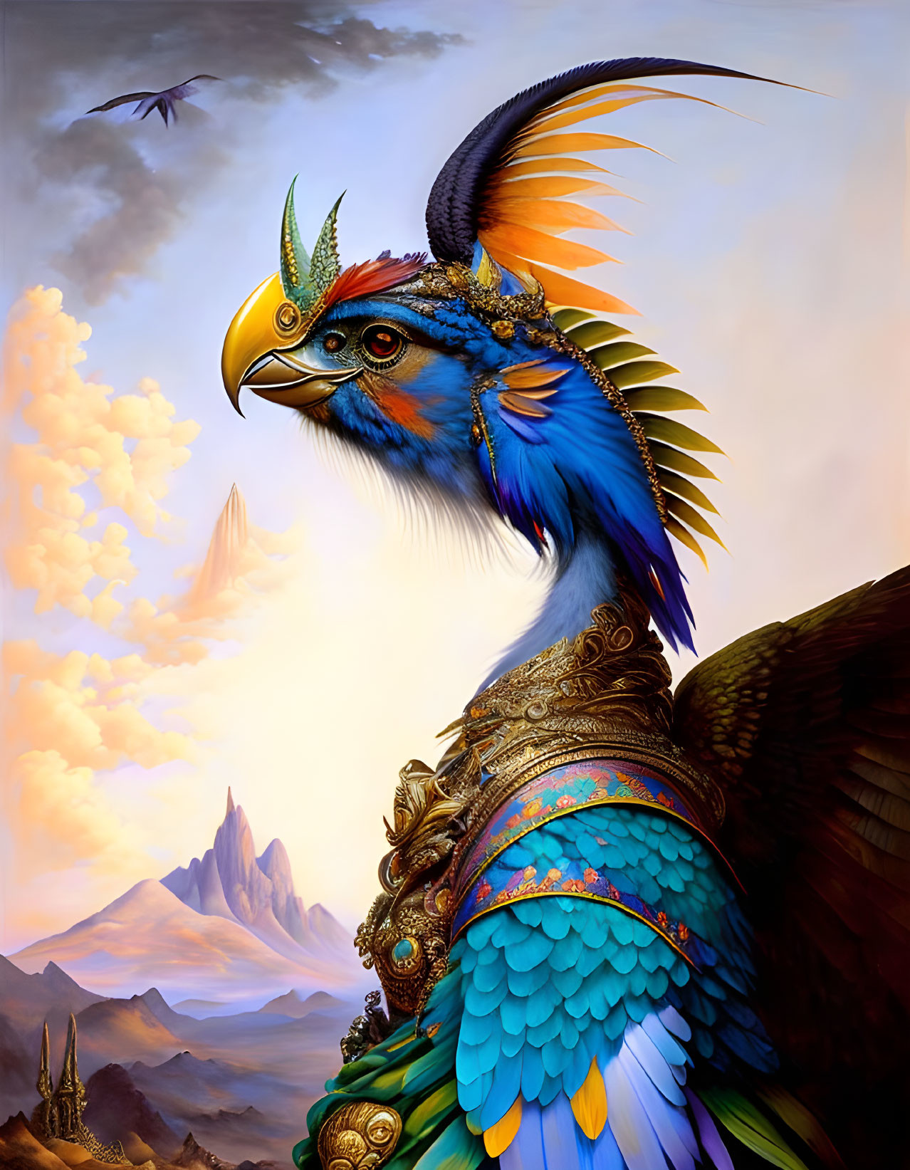Colorful mythical bird with ornate decorations in mountain landscape