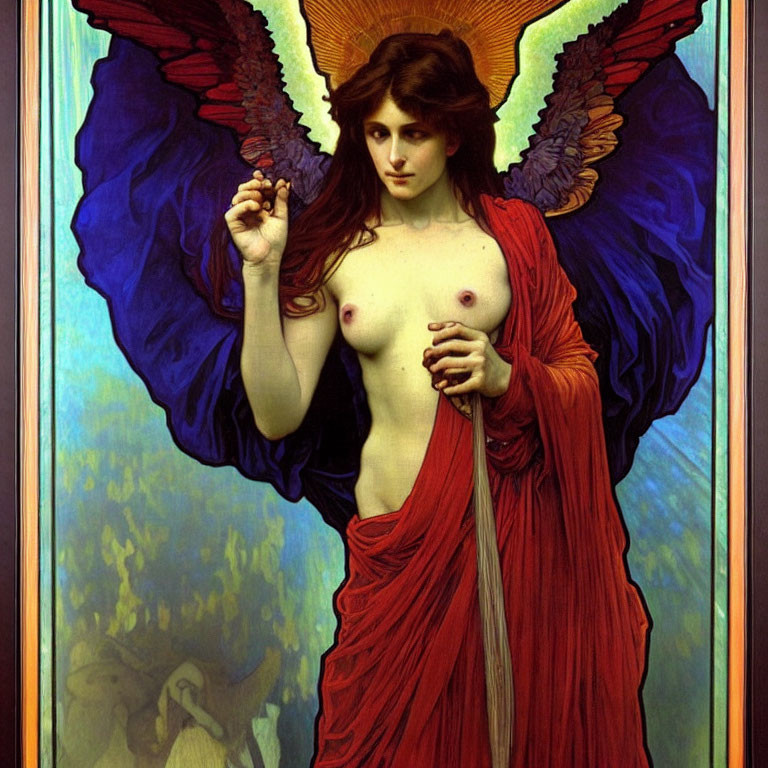 Winged woman with red drape holding a flower in mythological setting