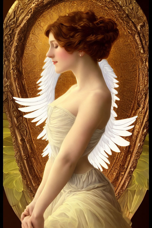 Portrait of woman with angel wings in white dress in golden oval frame
