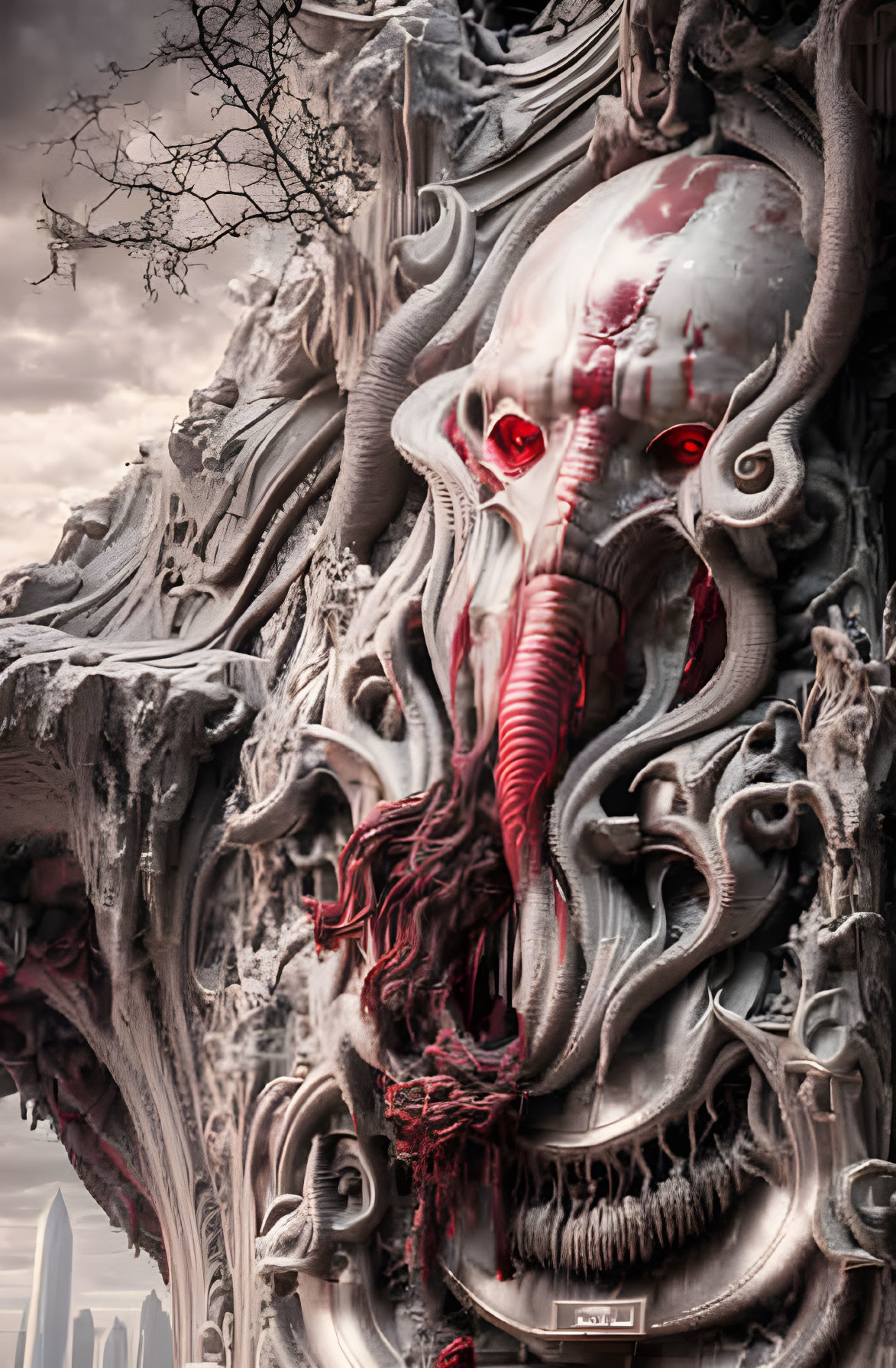 Detailed surreal artwork: elephant-like creature with red eyes and multiple snaking tusks in gothic setting