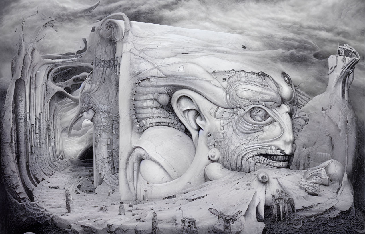 Monochrome surreal landscape with intricate face-like structures