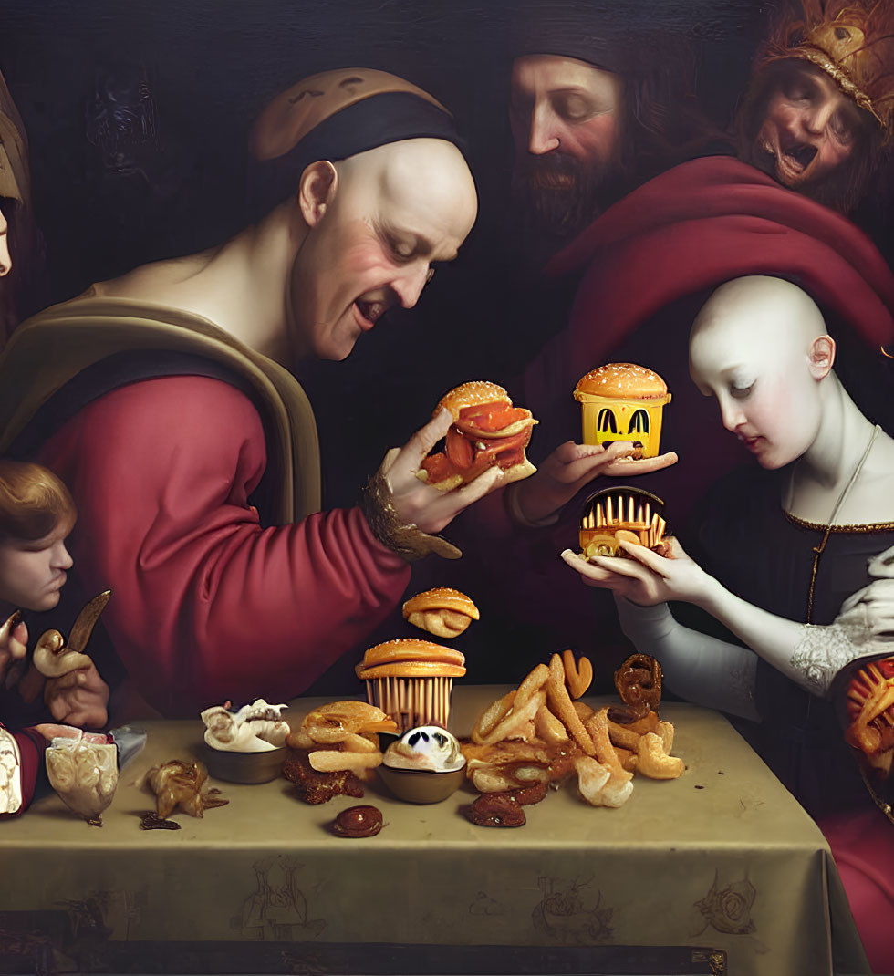 Classical painting style: People feasting on fast food in dark, moody setting