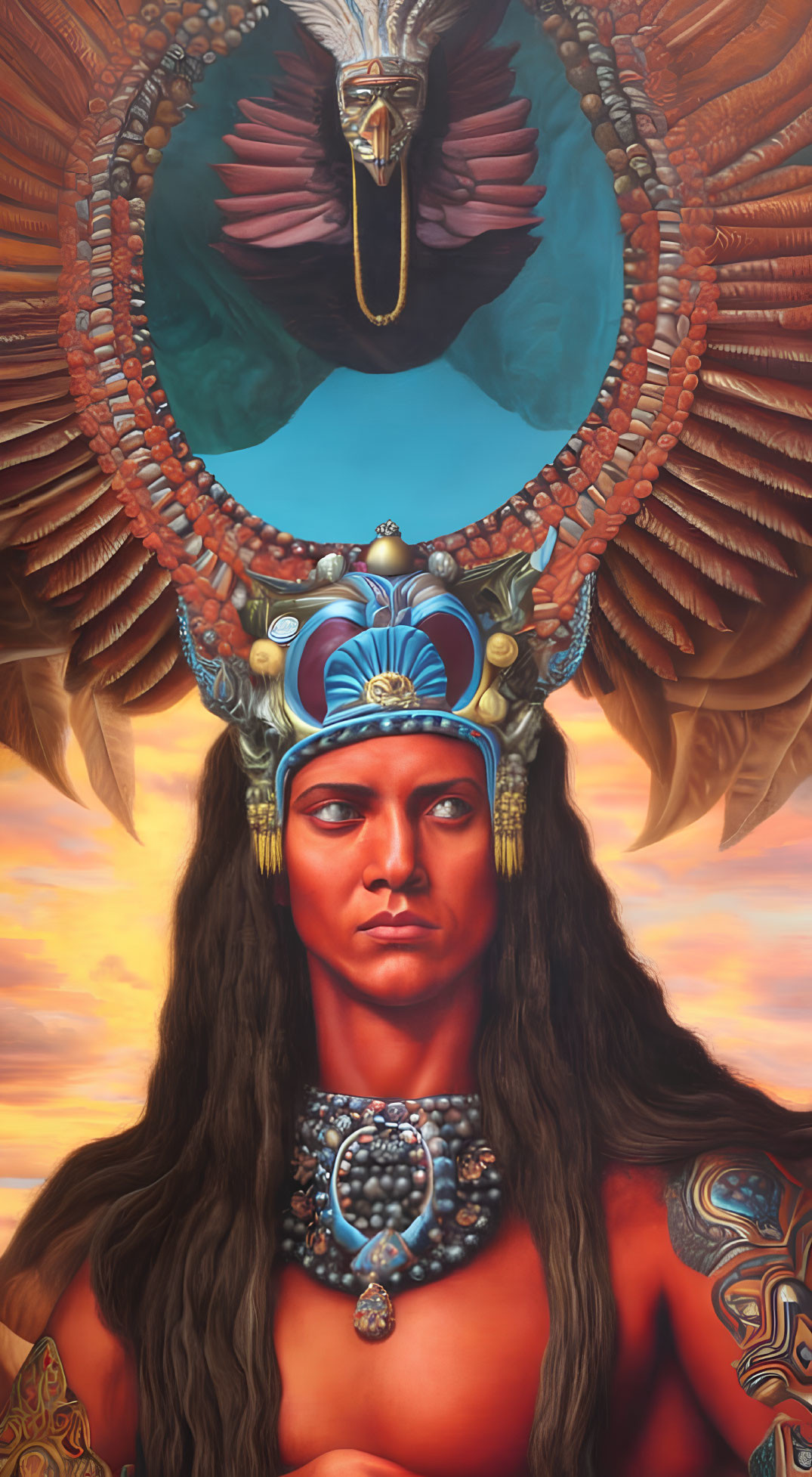Detailed illustration of person with dark hair, blue face paint, feathered headdress, and jewelry against