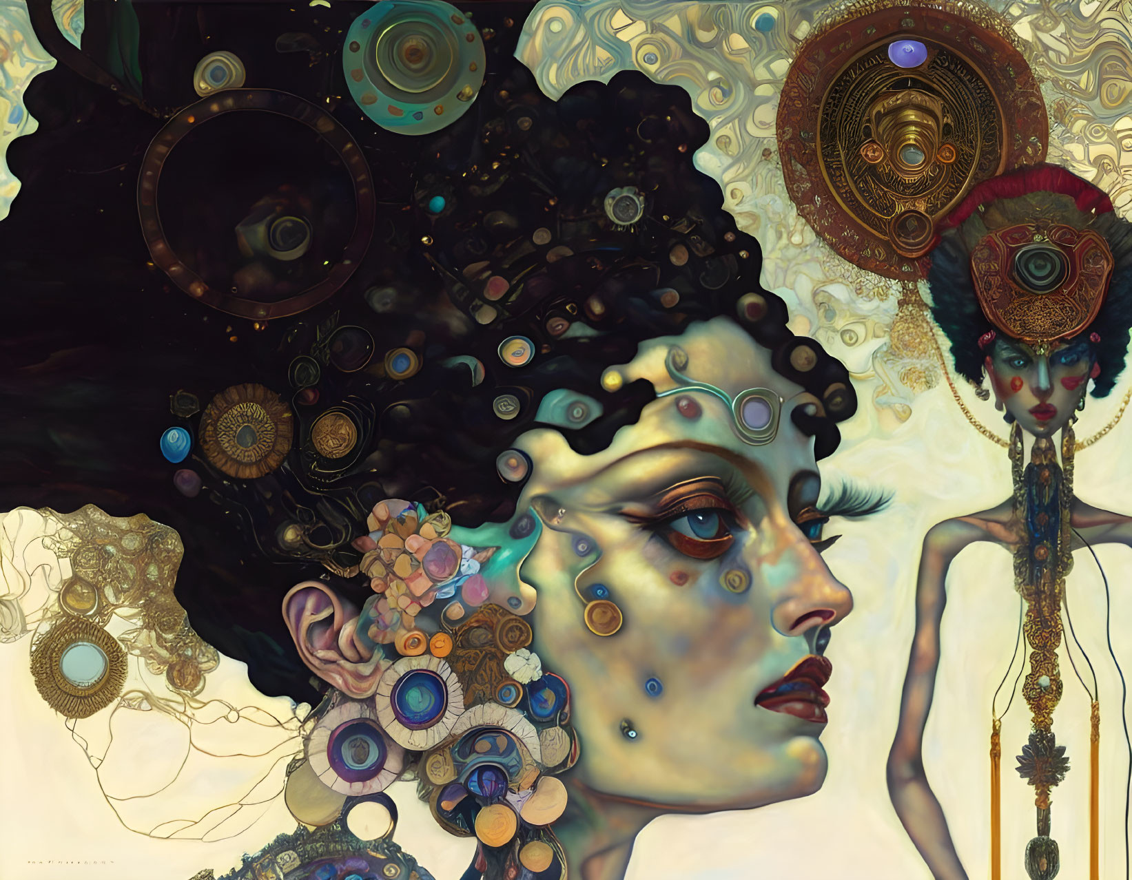 Detailed Artwork of Two Female Figures with Mechanical and Organic Elements