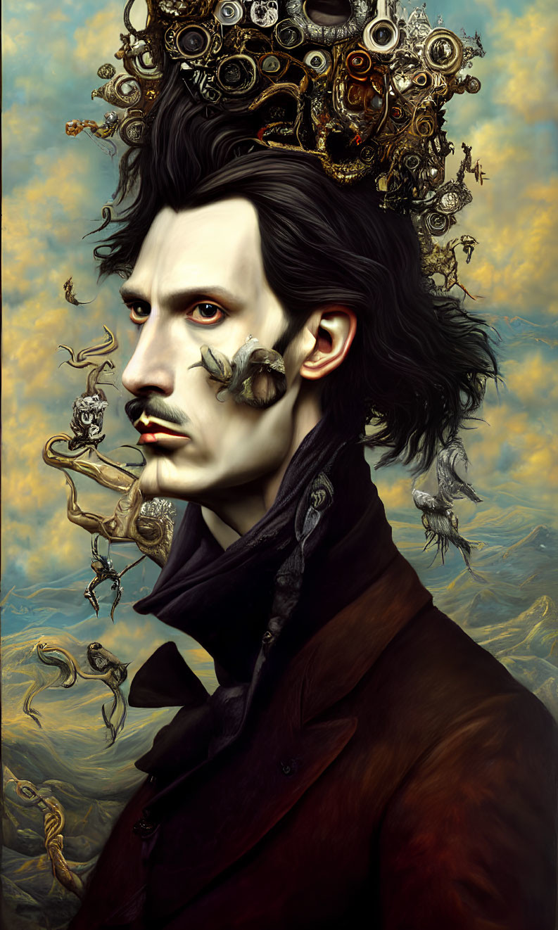 Surreal portrait of man with mechanical headpiece and gears against golden sky