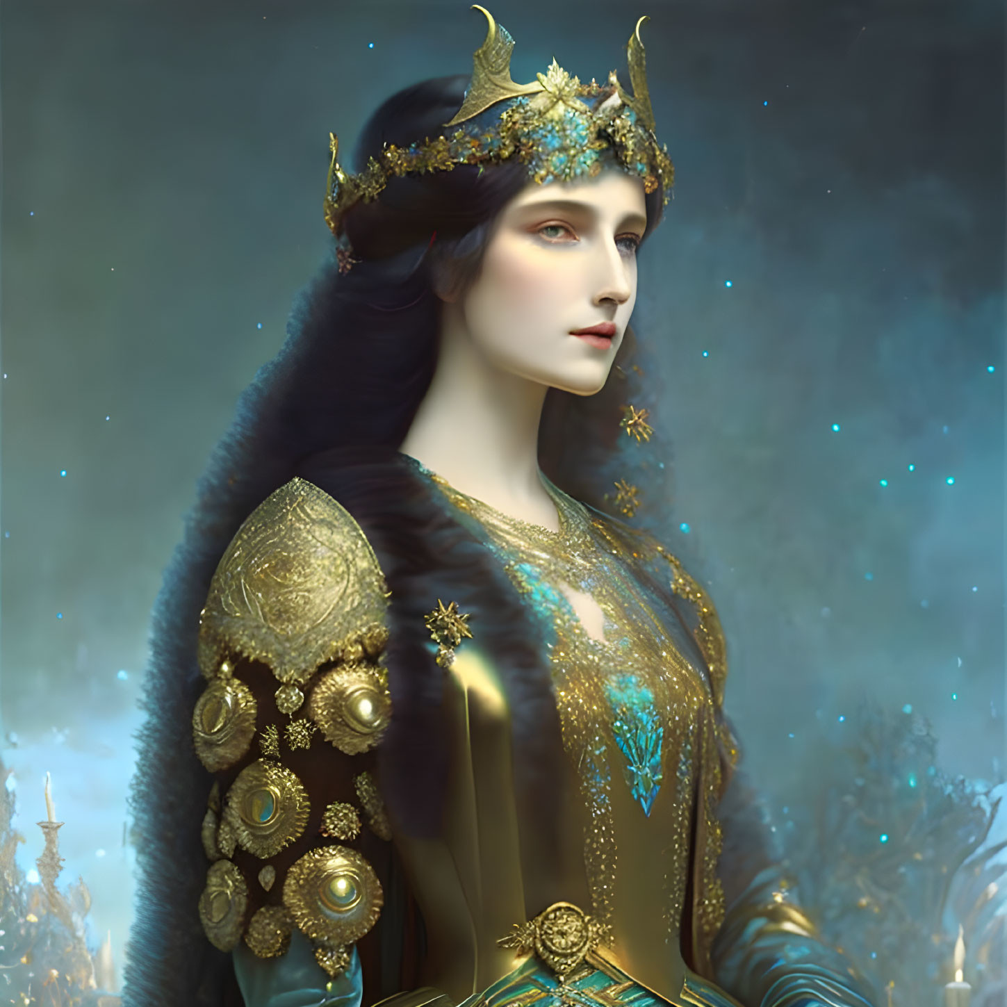 Regal figure in golden crown and ornate armor on magical background