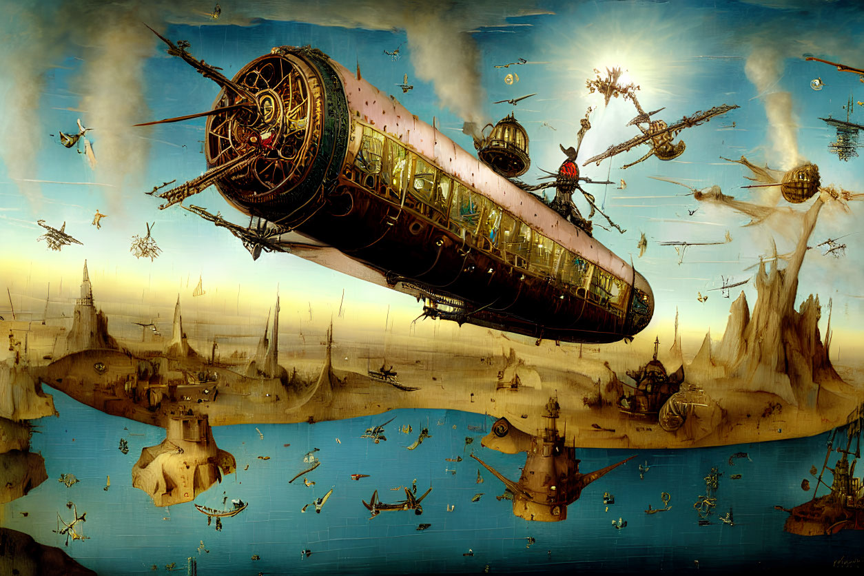Steampunk-inspired scene with airships over rocky landscape