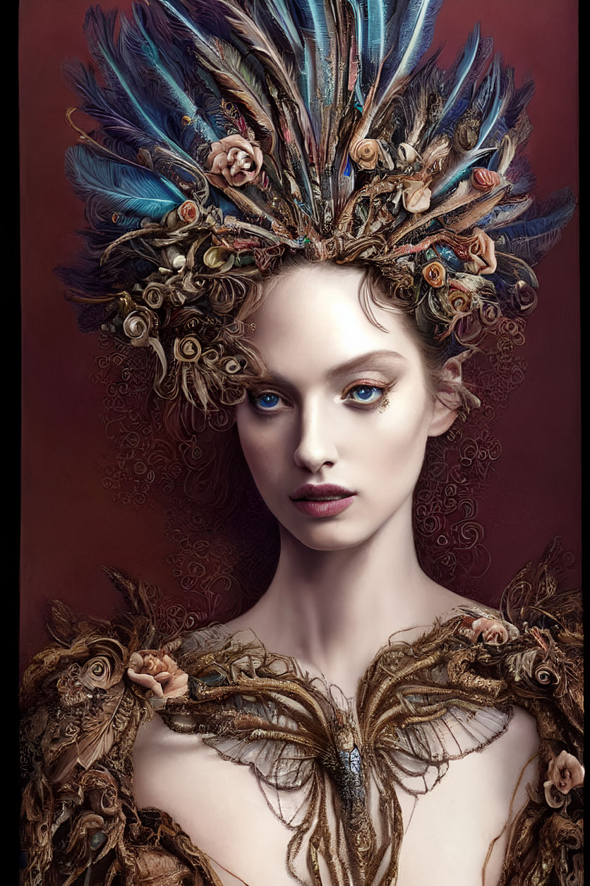 Intricate feathered headdress and ornate garment on woman with floral and bird-like designs on