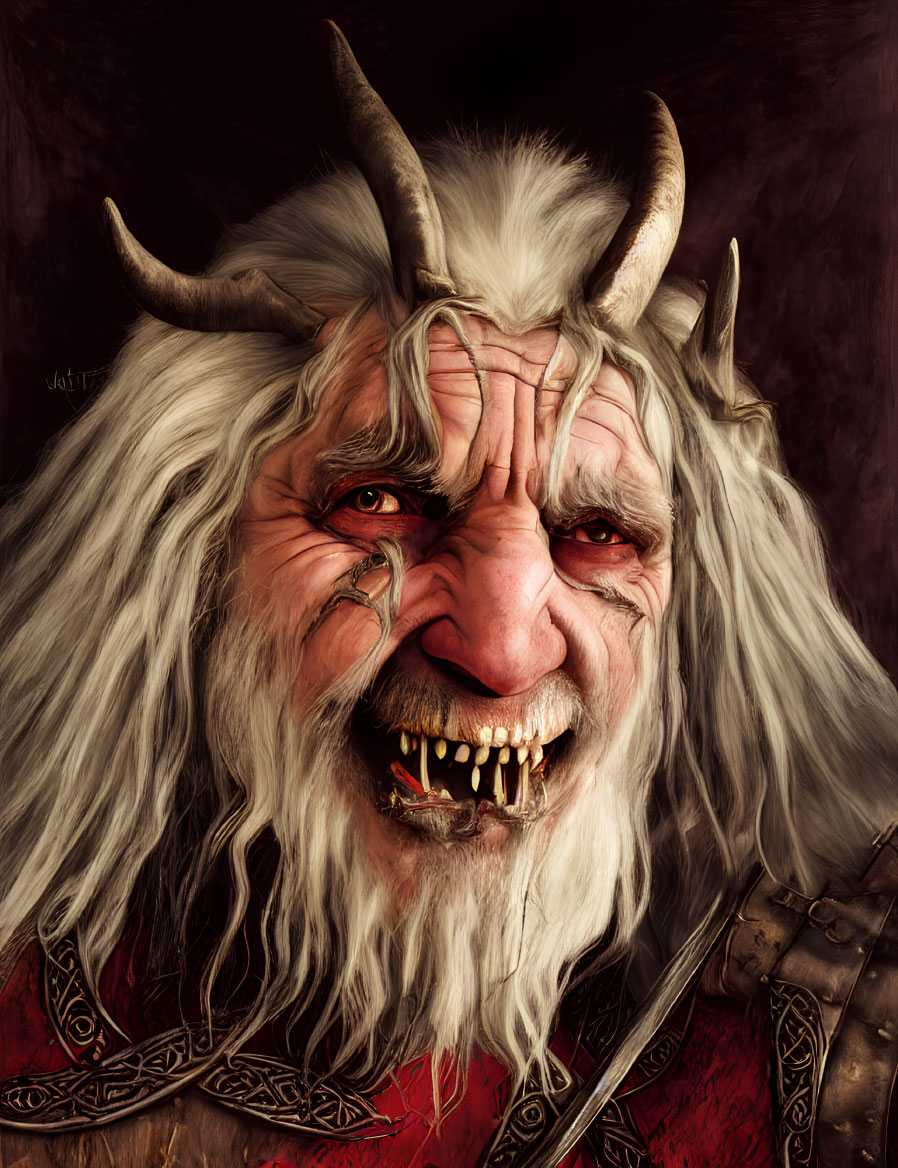 Menacing character with white hair, horns, fangs, and dark background.