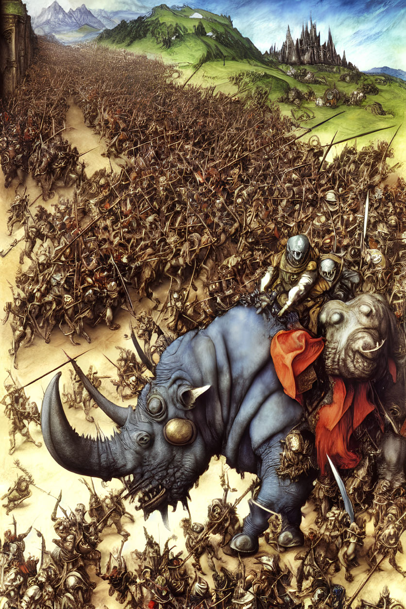 Fantasy battlefield with warrior on horned beast facing castle