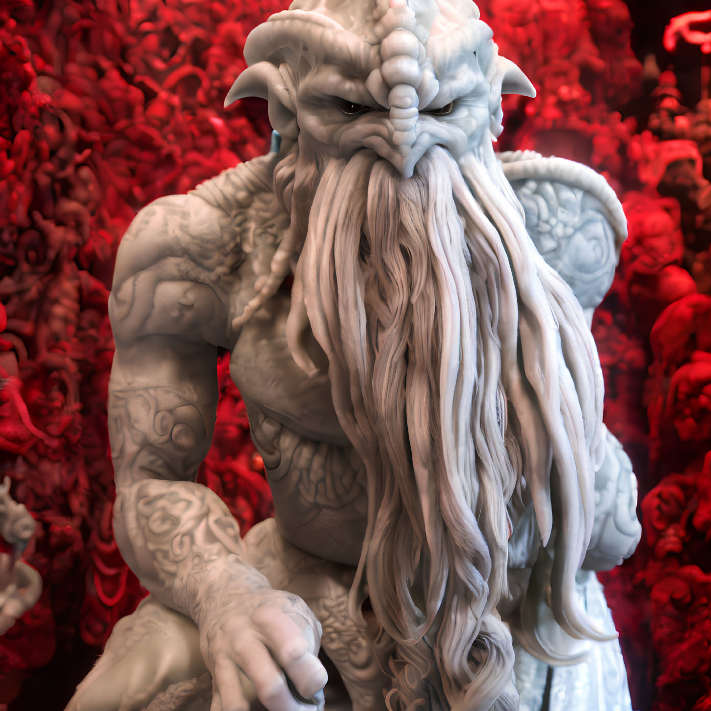 Detailed Fantasy Creature Sculpture with Horns and Beard on Red Background