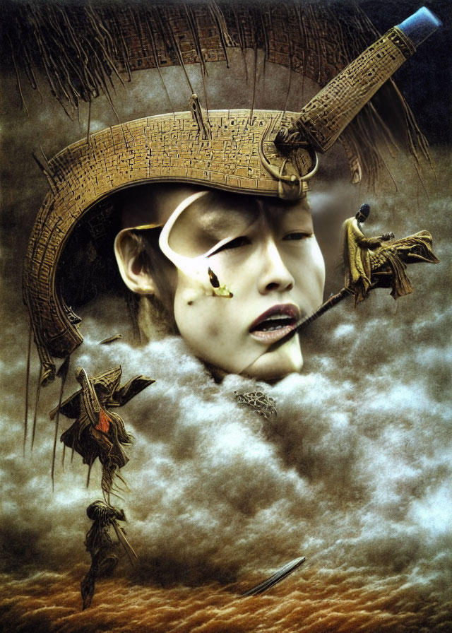 Surreal portrait with Asian conical hat and whimsical elements surrounded by floating figures and clouds.
