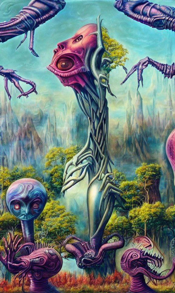 Vibrant surreal alien landscape with humanoid tree creature and snake-like beings
