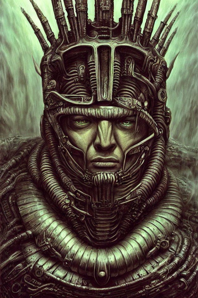 Futuristic portrait with cybernetic enhancements and machinery in monochromatic palette