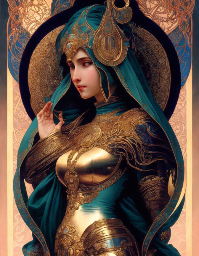 Illustrated female figure in ornate blue and gold armor with decorative headdress and serene expression.