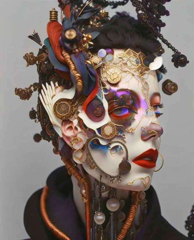 Steampunk-inspired female face with mechanical elements and colorful makeup
