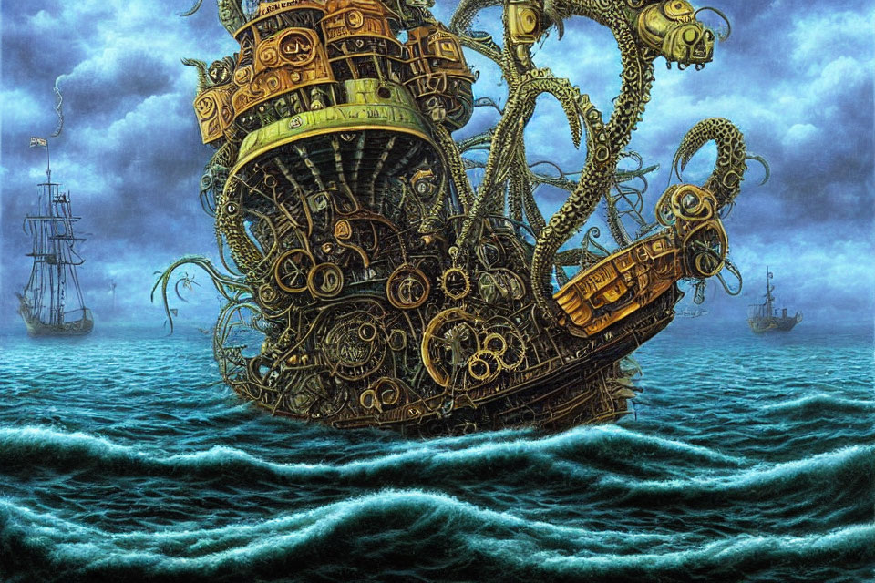 Steampunk ship with gears sailing on tumultuous sea.
