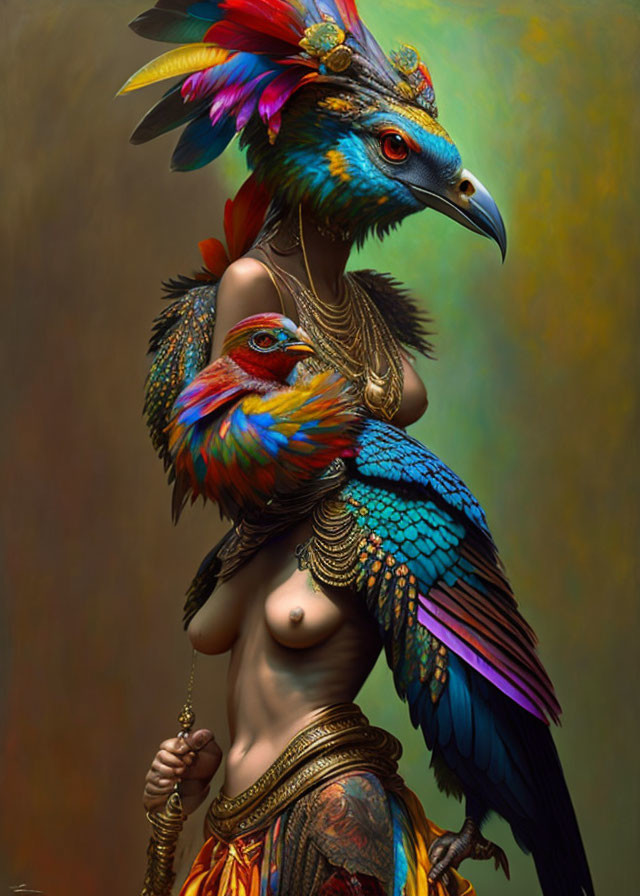 Colorful Human with Bird-Like Head and Golden Jewelry