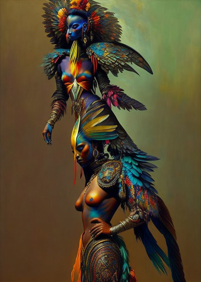 Vibrant tribal bird-inspired makeup and attire on two individuals