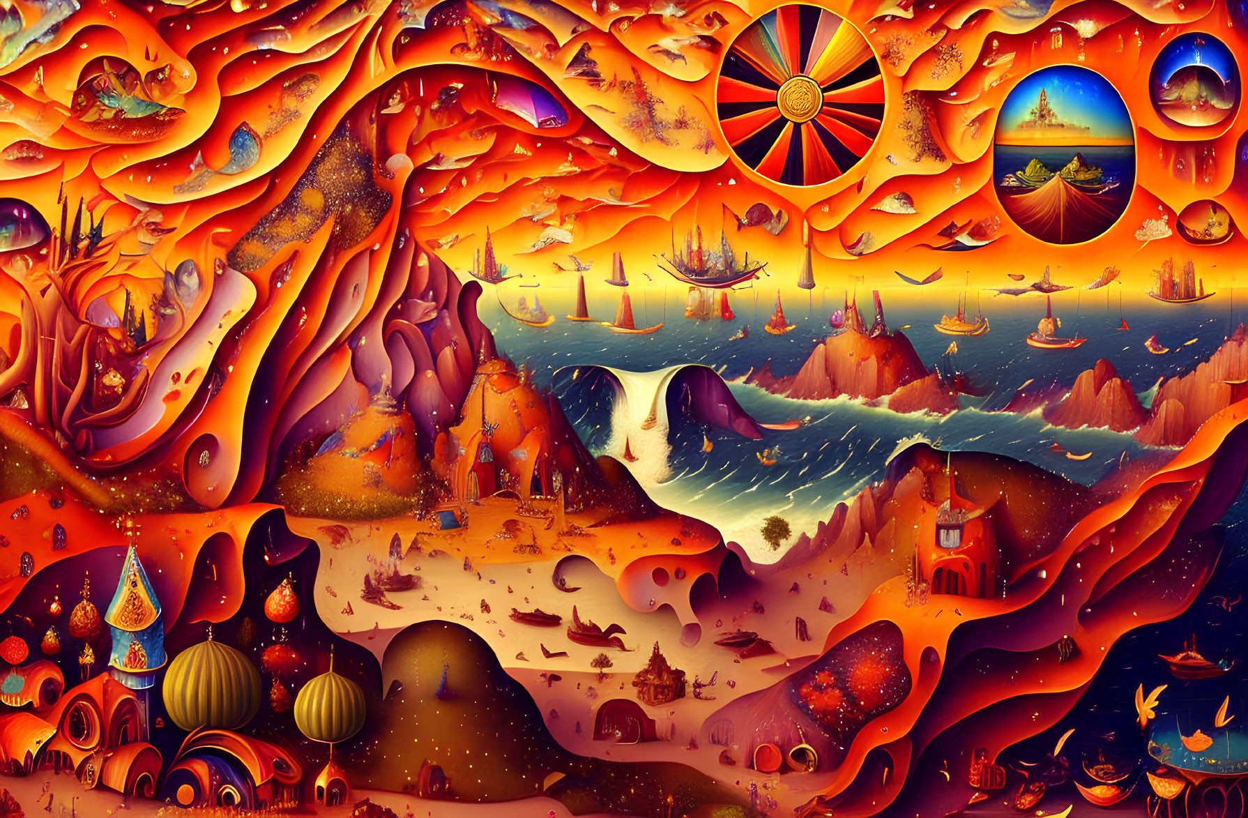 Surreal landscape with fiery colors, blending waves, desert, fantastical buildings, ships, and