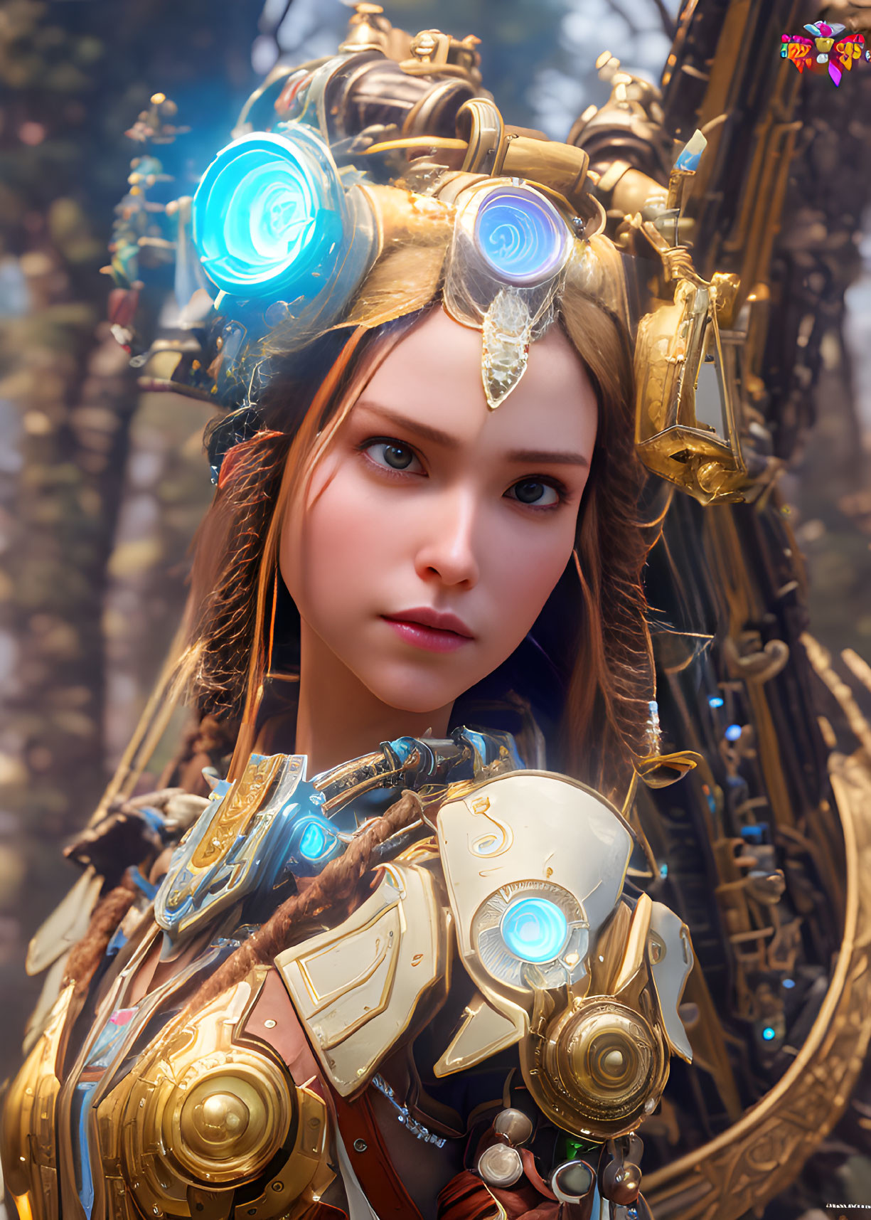 3D rendering of young woman in golden armor with blue eyes in mystical forest