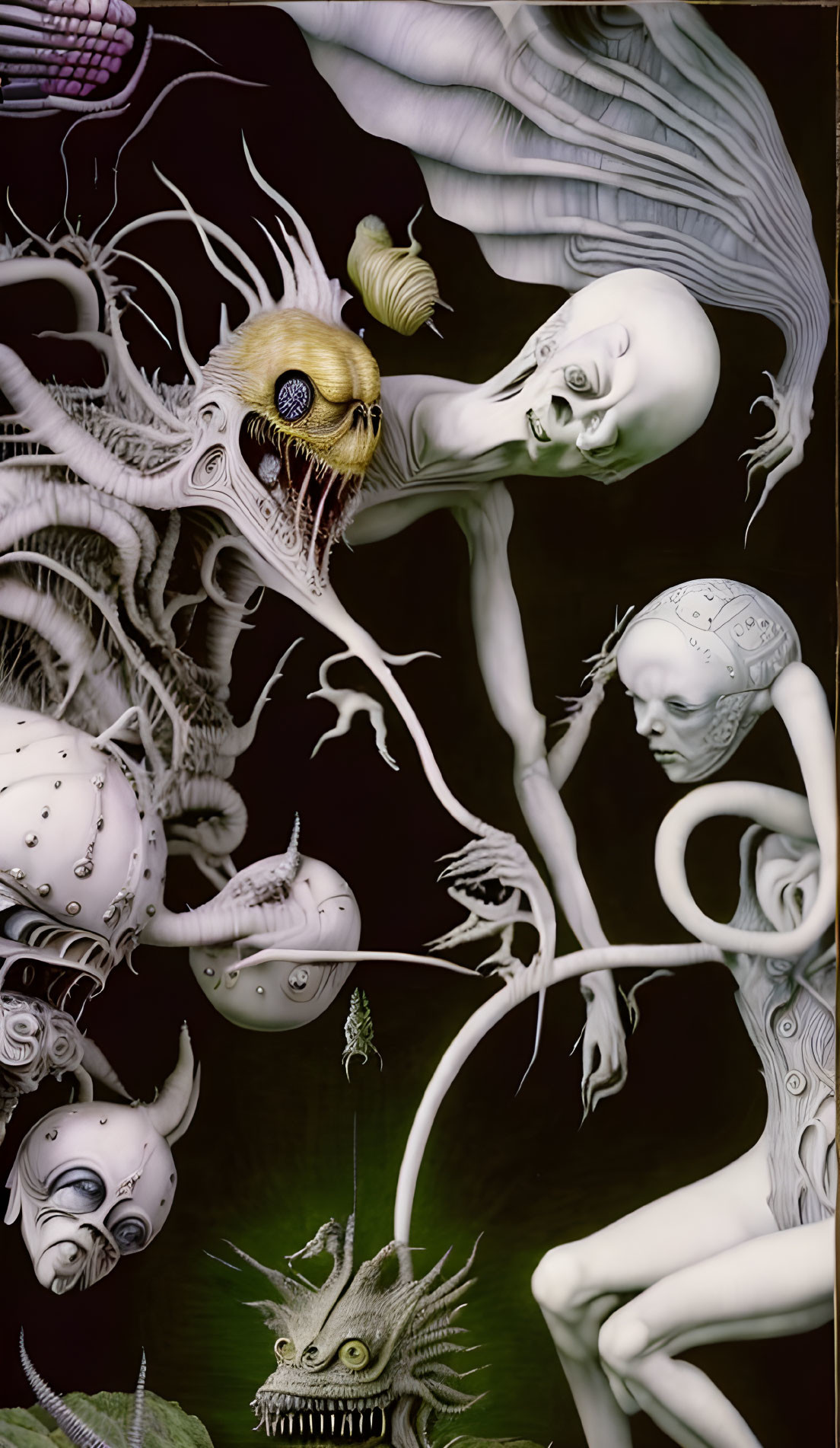 Surreal Artwork: Humanoid Figures & Fantastical Creatures in Dark, Monochromatic
