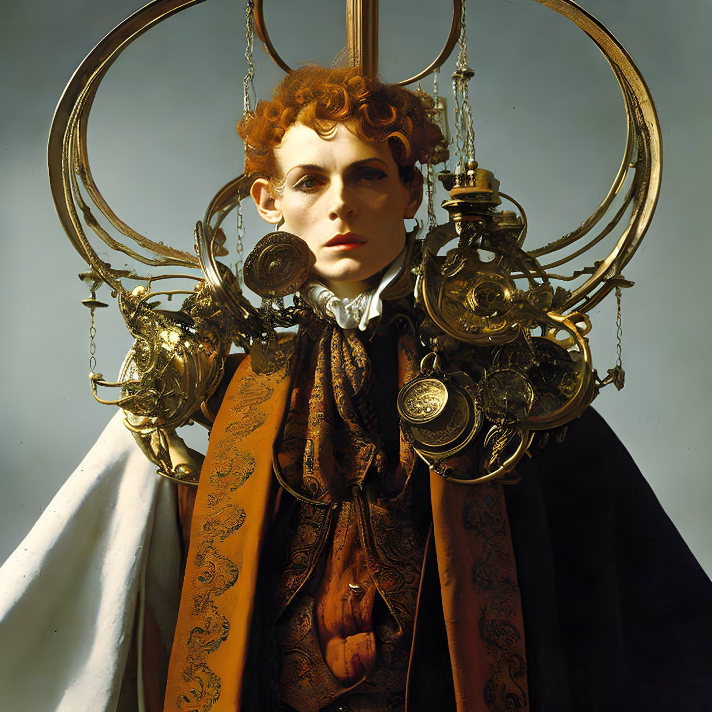 Curly Red-Haired Figure in High-Collared Shirt with Gold-Trimmed Cape