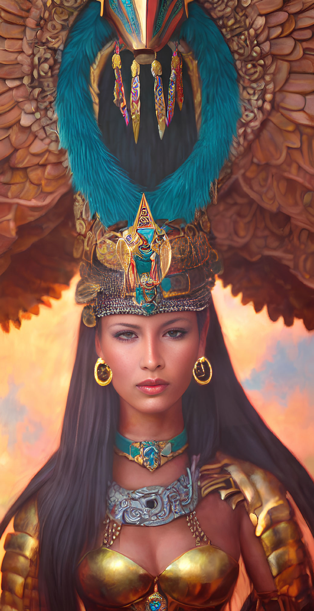Detailed illustration of woman with feathered headdress and ornate jewelry