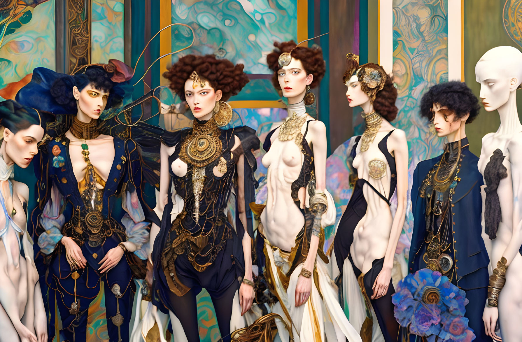 Seven Mannequins in Luxurious Gold and Black Garments with Baroque-Inspired Designs