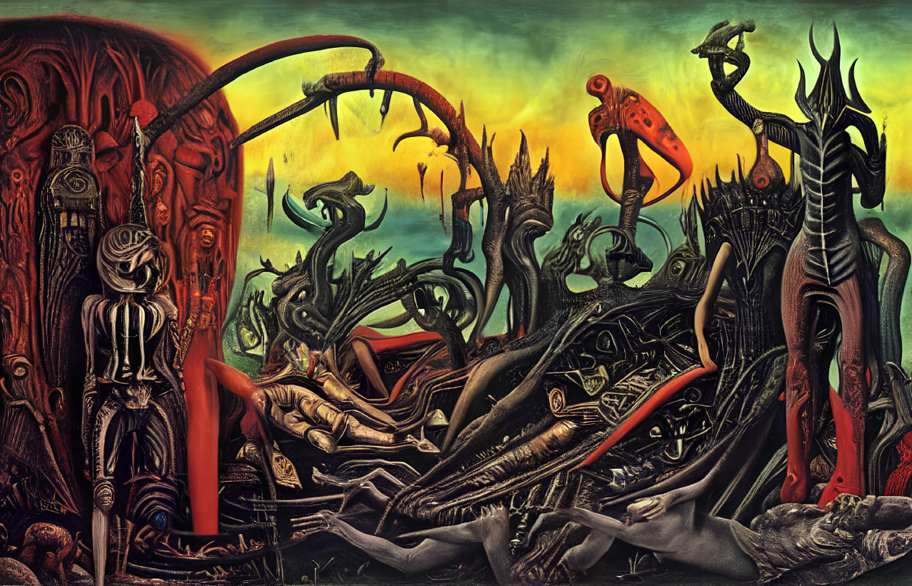 Surrealist Artwork: Twisted Organic Shapes, Mechanical Parts, Dark Figures, Dystopian