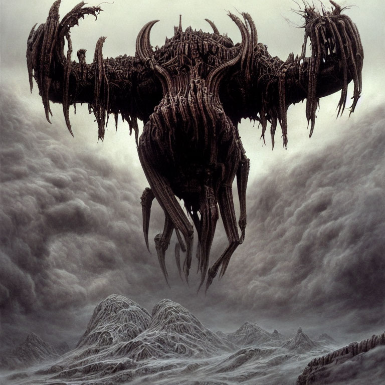Monstrous creature with horns and tendrils in mountainous landscape.