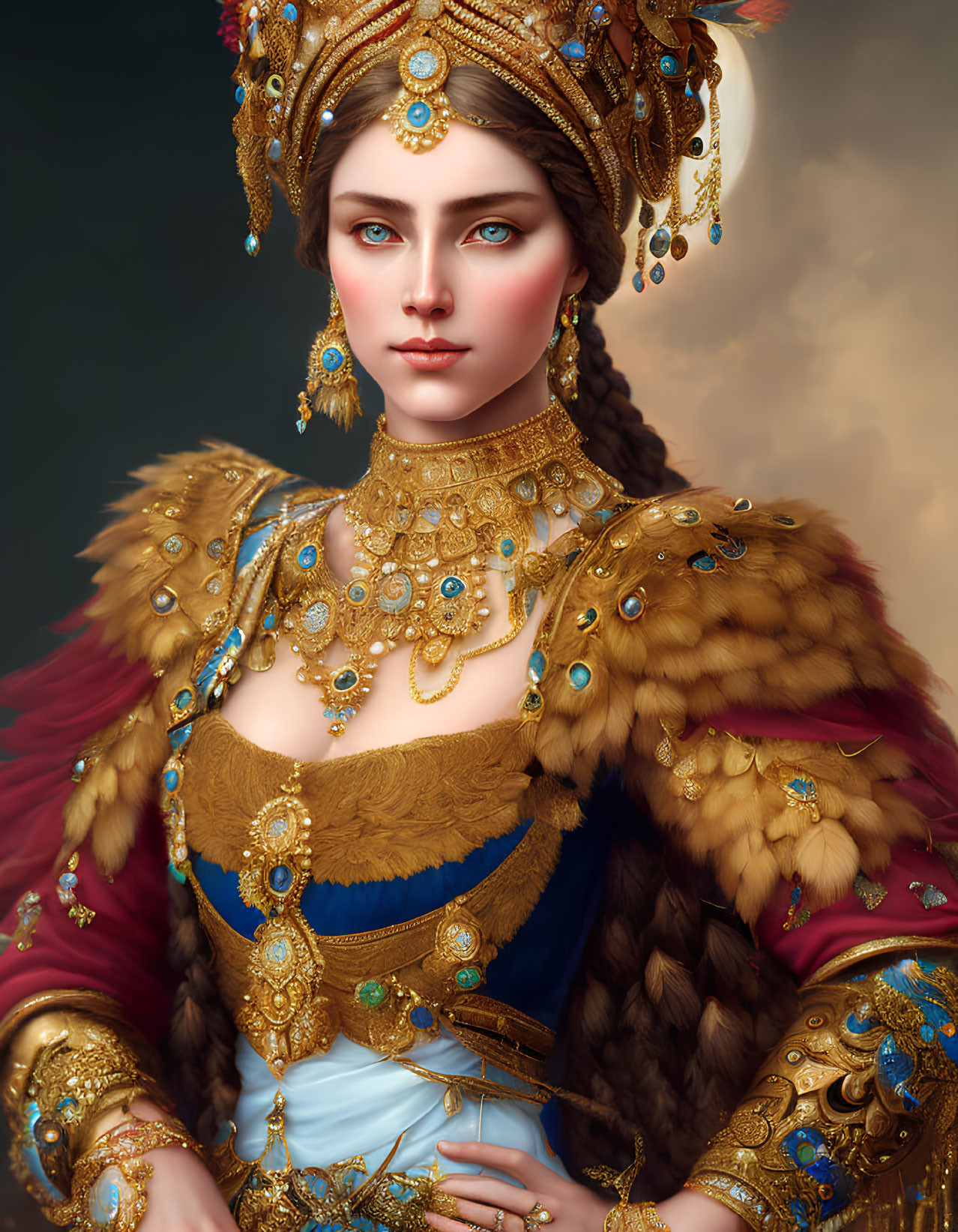 Regal woman with blue eyes in golden headdress and royal attire