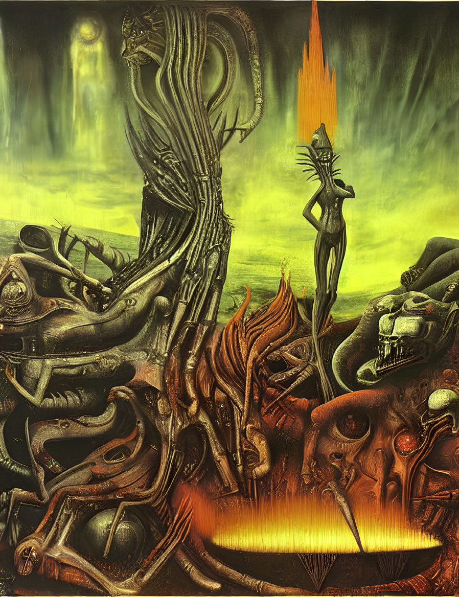 Surreal painting with alien figures in flames and greenish-yellow sky