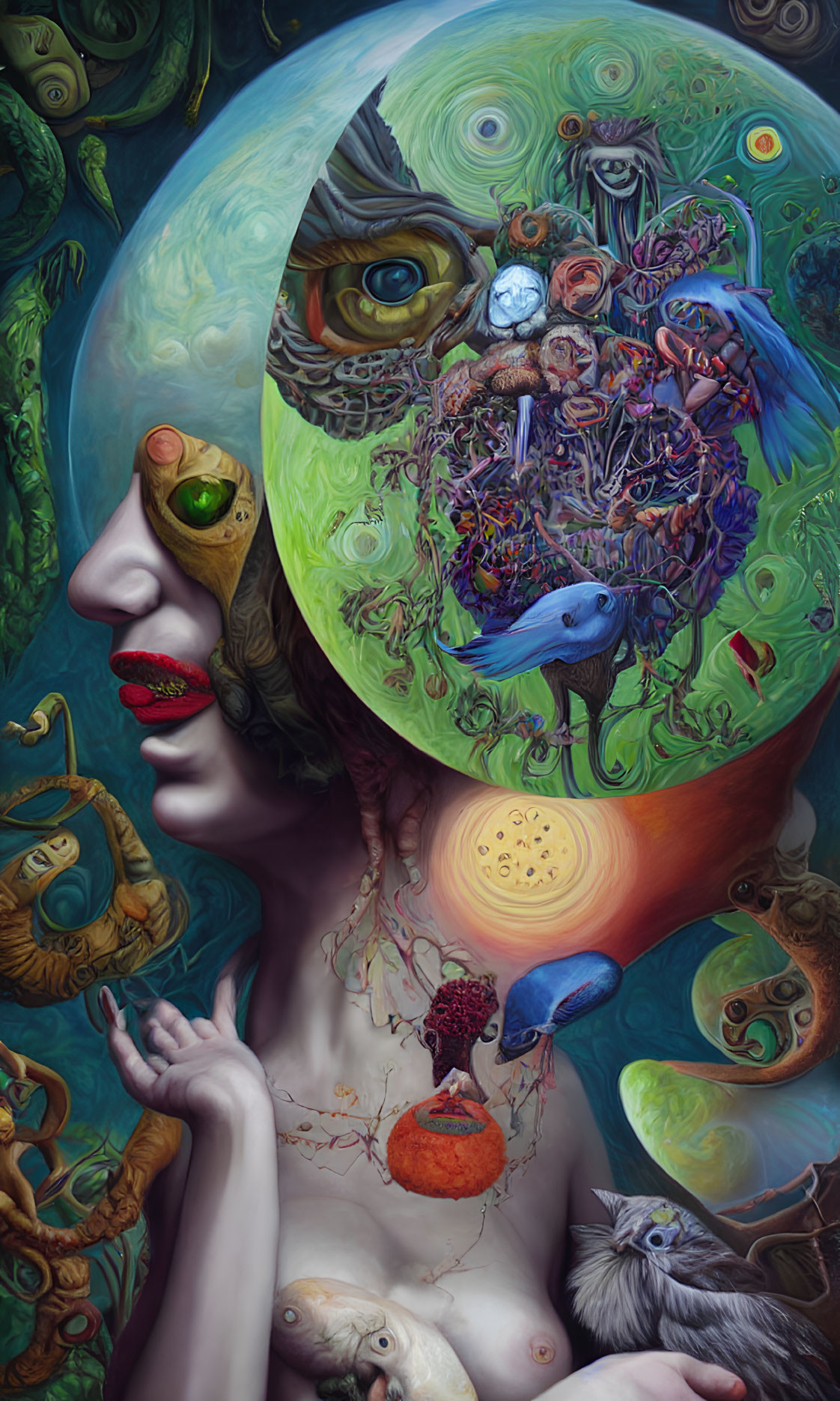 Surreal Artwork: Woman's Head with Cosmic Bubble Brain and Creatures