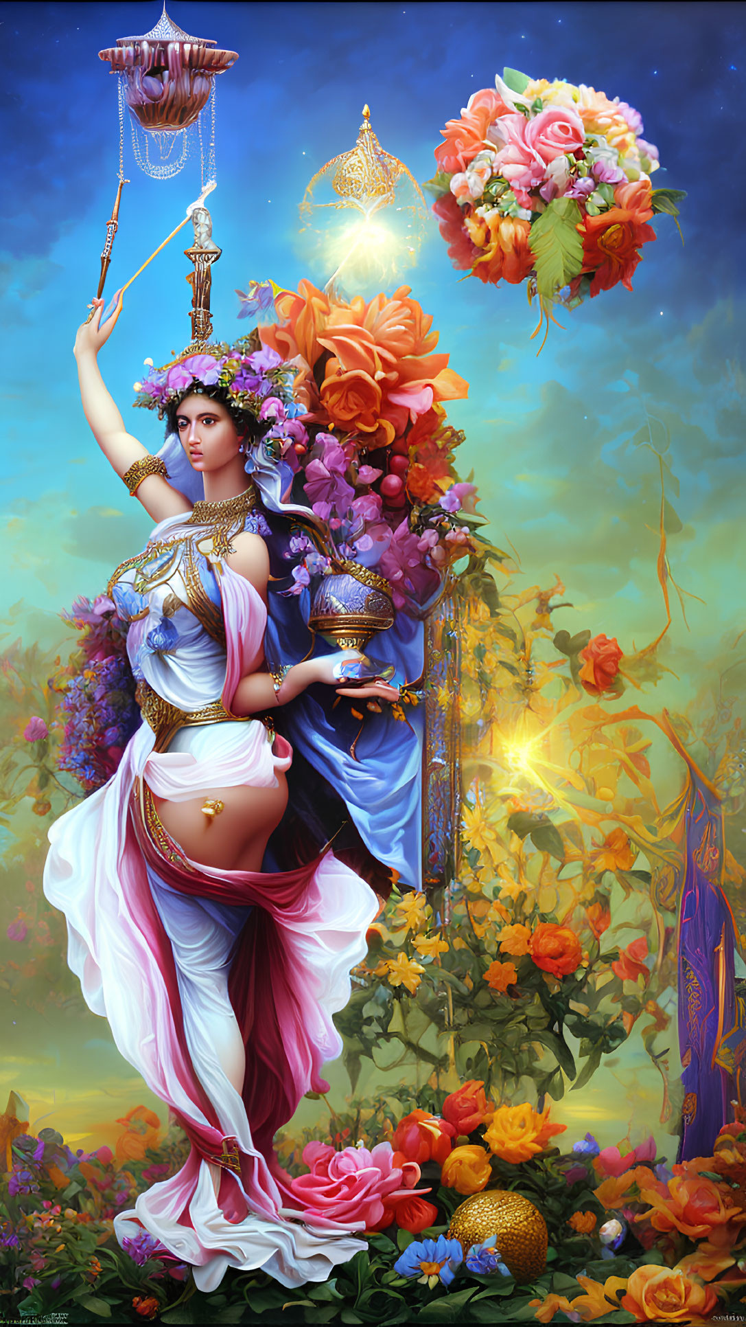 Colorful painting of woman with flowers and jewelry in lush garden setting