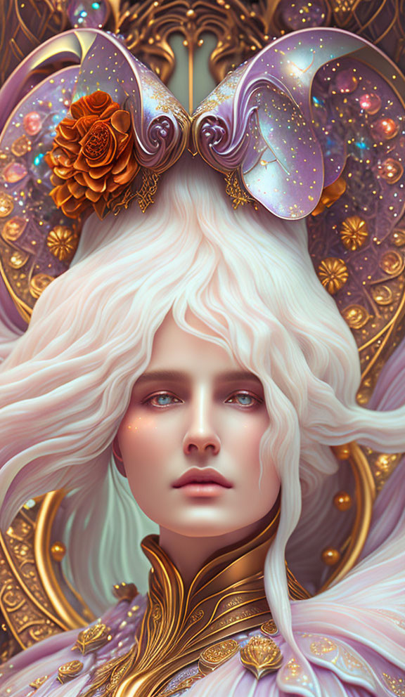 Fantastical character portrait with white wavy hair and celestial bows