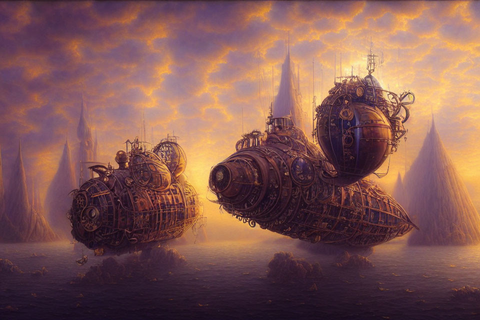Ornate Steampunk Airships Amidst Spired Cityscape